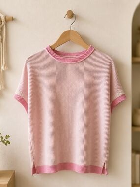 Women's Pink Short-Sleeve Ribbed Knit Top